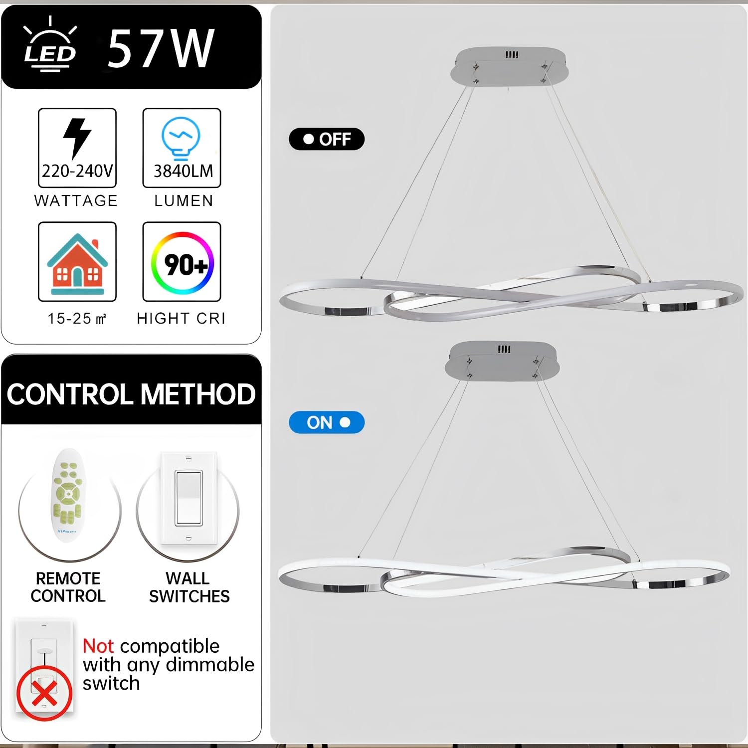 57W Lampada a Sospensione LED, Design Surround Doppio 8, Cromato | Lampadario LED Dimmerabile, Plafoniera con Telecomando, Lampadari Altezza Regolabile, Per Tavolo da Pranzo, Soggiorno, Cucina