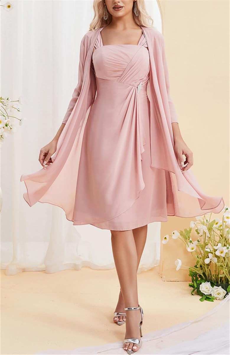 Madre dello Sposo Abiti per Matrimonio 2 Pezzi Tiered Lunghezza Al Ginocchio Chiffon Giacca Abito Formale LKK008