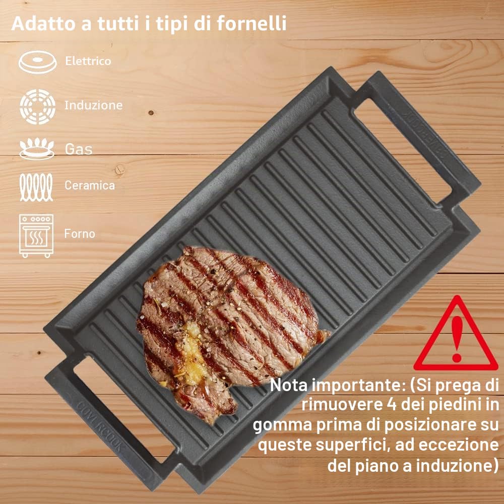 Padella per grigliare in ghisa, piastra rettangolare per grigliare, 43 x 23 cm Padella per grigliare per piano cottura a induzione, forno elettrico, griglie all'aperto, superficie rigata