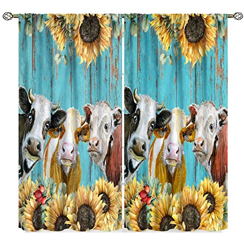 Cortinas de vaca de animales de granja, ventana con estampado de girasol y vida silvestre del oeste para dormitorio, estilo retro, con bolsillo para barra de madera, juegos de 2 paneles, decoración de