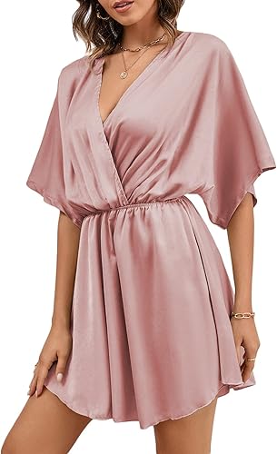 Vista 4 de LYANER Minivestido elegante de satén con cuello en V y volantes para mujer