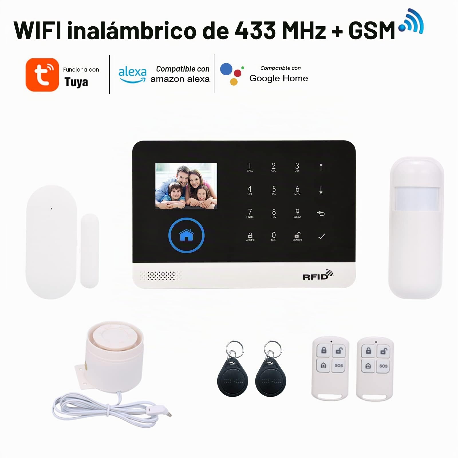 Sistema de Alarma Domestica Inalámbrica 433MHz WiFi + gsm,Pantalla LCD Sensor de Puerta Sensor de Movimiento PIR Compatible con Alexa Google Home