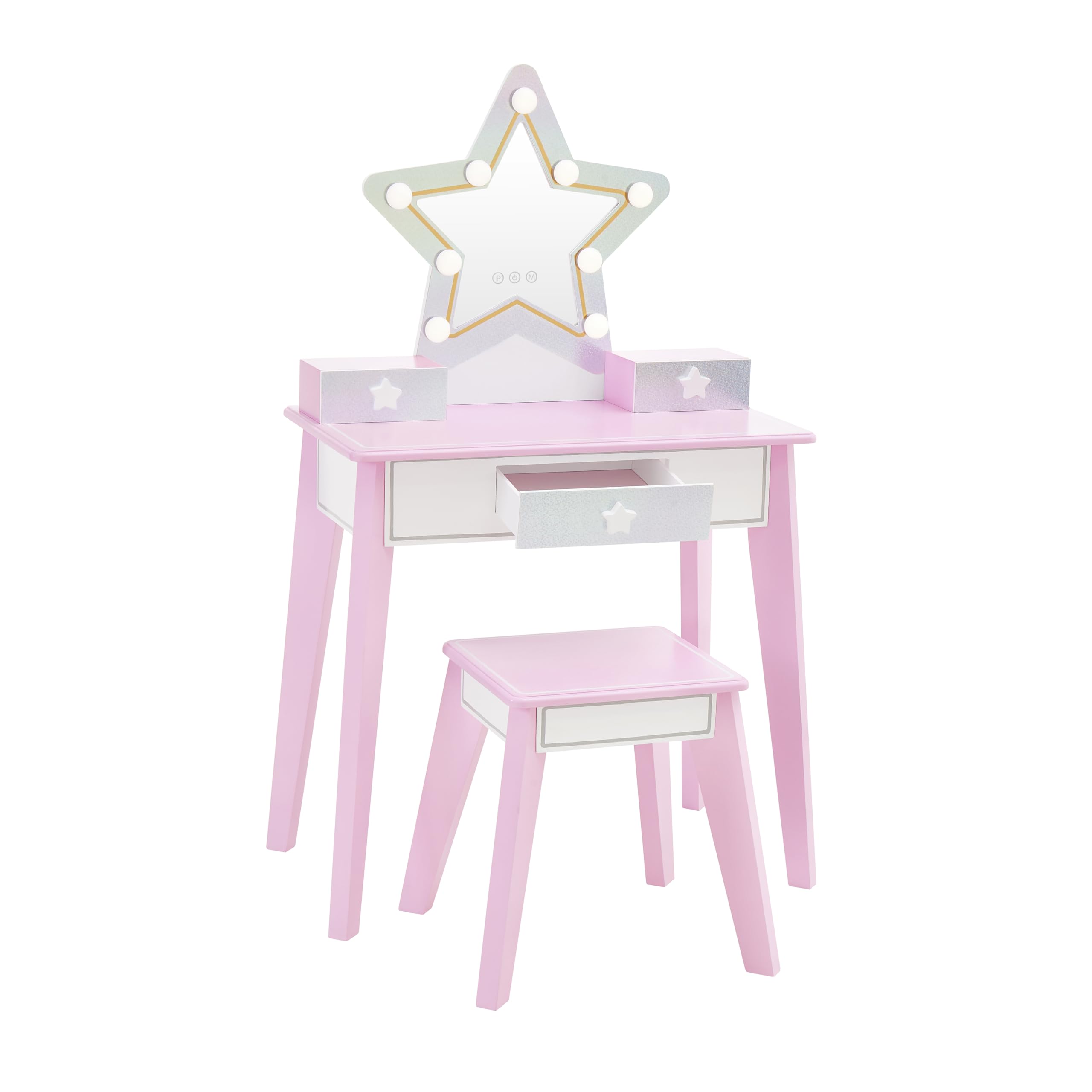 Teamson Kids Star Vanity Set with LED Lights for Girls, Pink 2-Piece Kids Makeup Table with Mirror, 3 Storage Drawers &amp; Matching Stool for Bedroom or Playroom, Ages 3+ Safe
