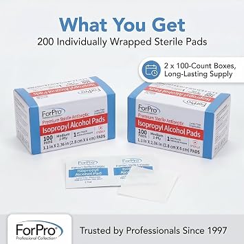 ForPro Alcohol Prep Pads, 200-Count Sterile Alcohol Wipes Individually Wrapped, 70% Isopropyl, Medium 2-Ply Medical Grade Antiseptic Pads, Latex-Free, First Aid & Injection Prep, Gamma Sterilized