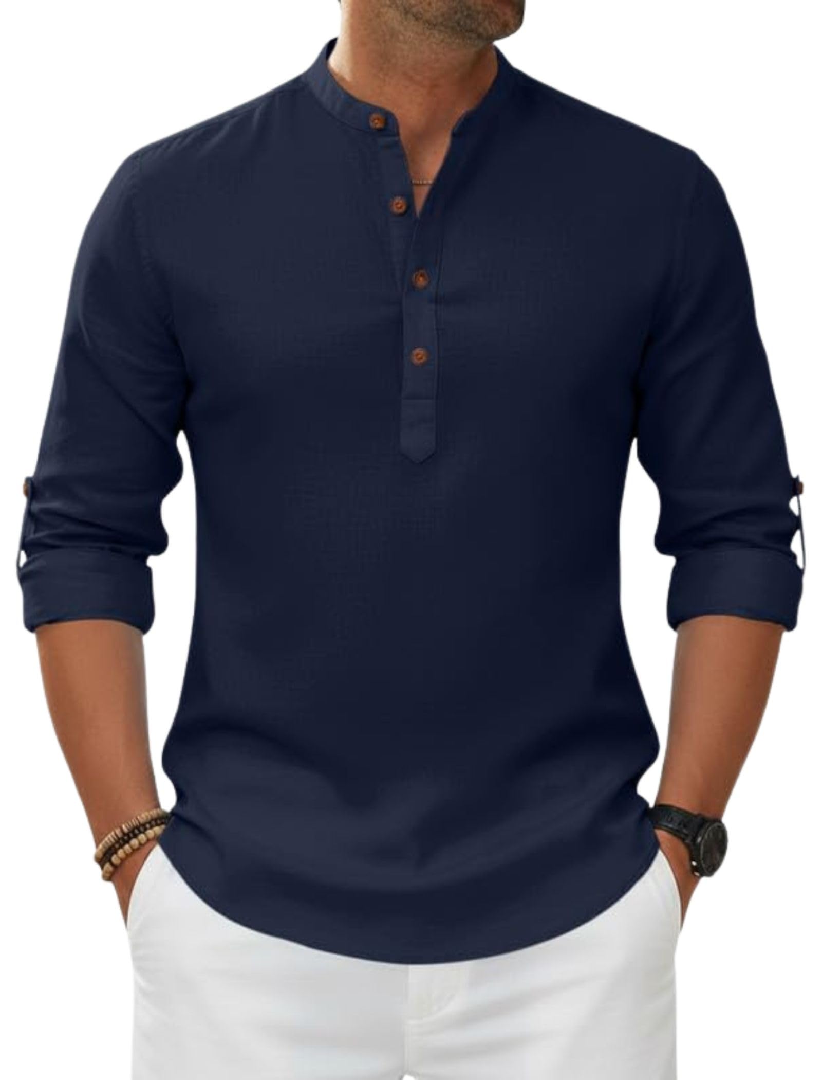 macsivo Men's Cotton Blend Solid Short Kurta with Regular Lenth Mandarin Neck Full Sleeves and roll-up tab| Kurta Style Shirt for Men-picture-11