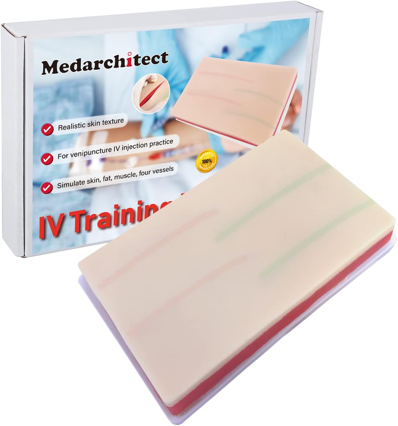 Medarchitect Venipuncture IV Injection Training Pad Model with 4 Veins Imbedded and 3 Skin Layers for Medical Students Doctors Nurses Practice