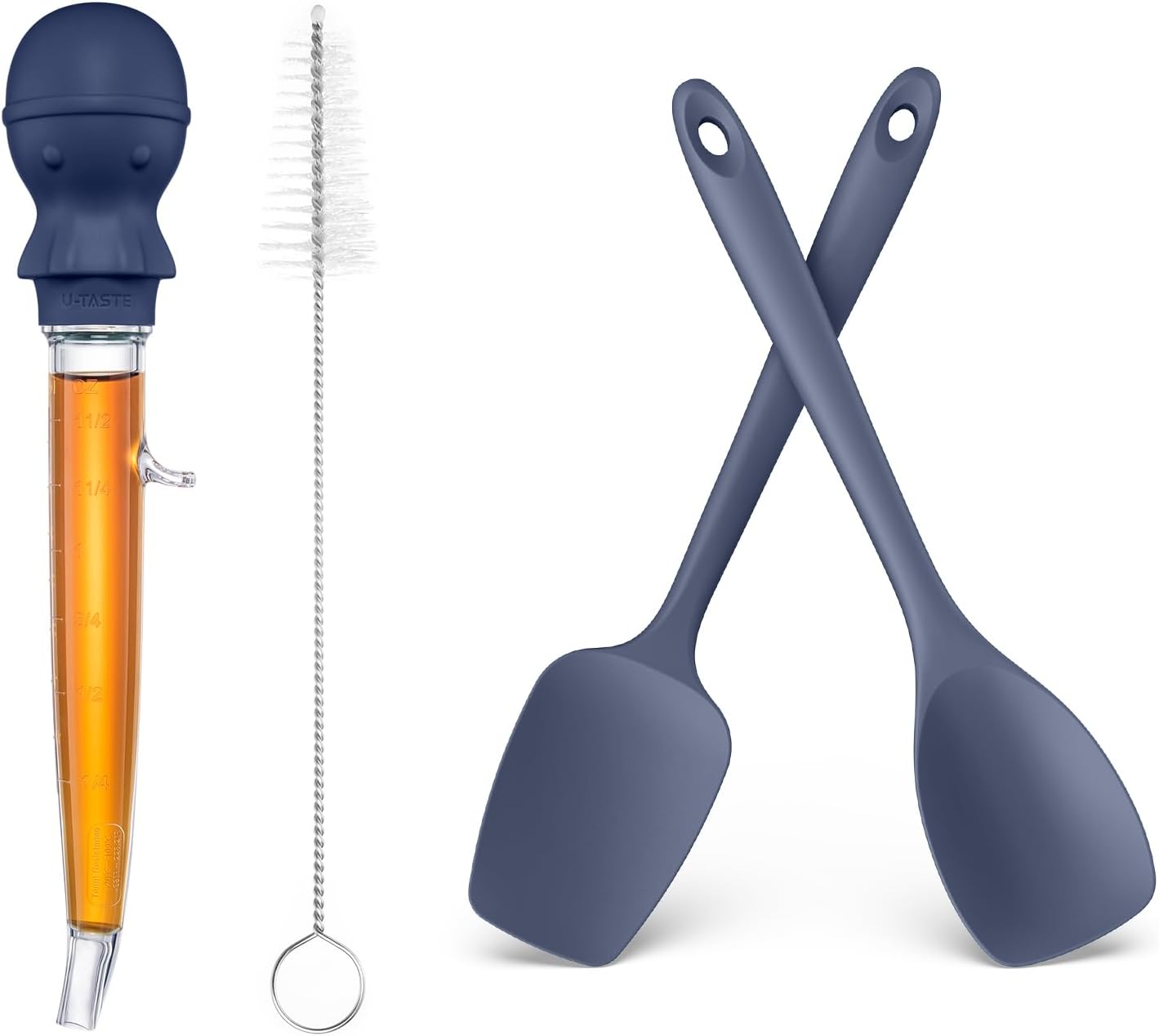U-Taste 228.2℉ Heat Resistant 1.5oz Angled Turkey Baster and 600ºF Heat Resistat Silicone Flexible Baking Spoon Spatula & Cooking Scoop Spoonula (Midnight Blue)