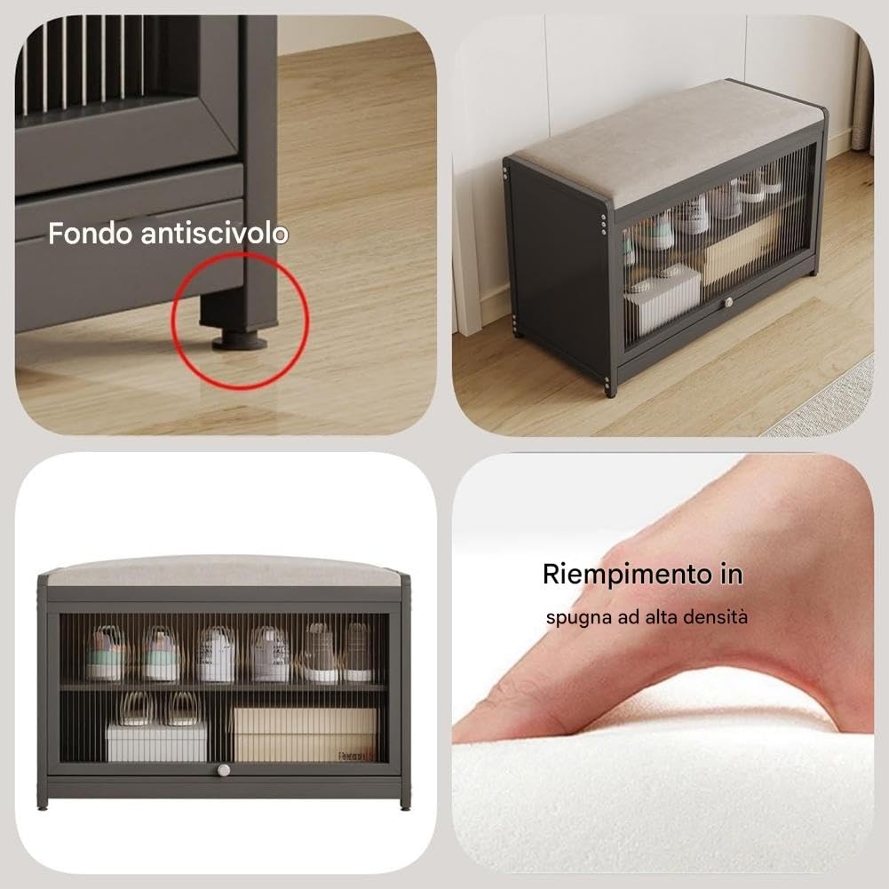 BAKAJI Meuble à chaussures avec assise et 2 compartiments intérieurs peu encombrants, meuble banc à chaussures avec porte transparente et base antidérapante pour entrée, chambre à coucher, entrée 70 x