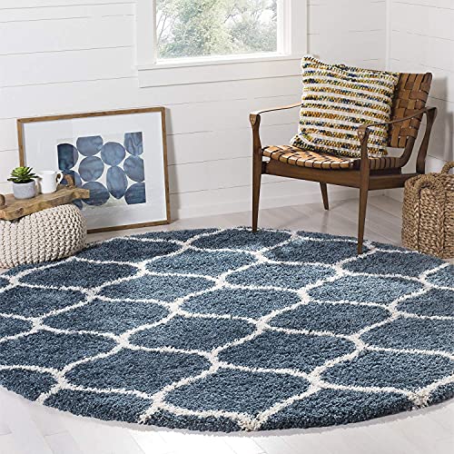 Image of Fur Shaggy Rugs and Carpets, Modern Plush Area Rug for Bedroom Living Room Floor Mat Bedside Home Decor Carpet (5x5 Feet Round, Slate Blue|Ivory)