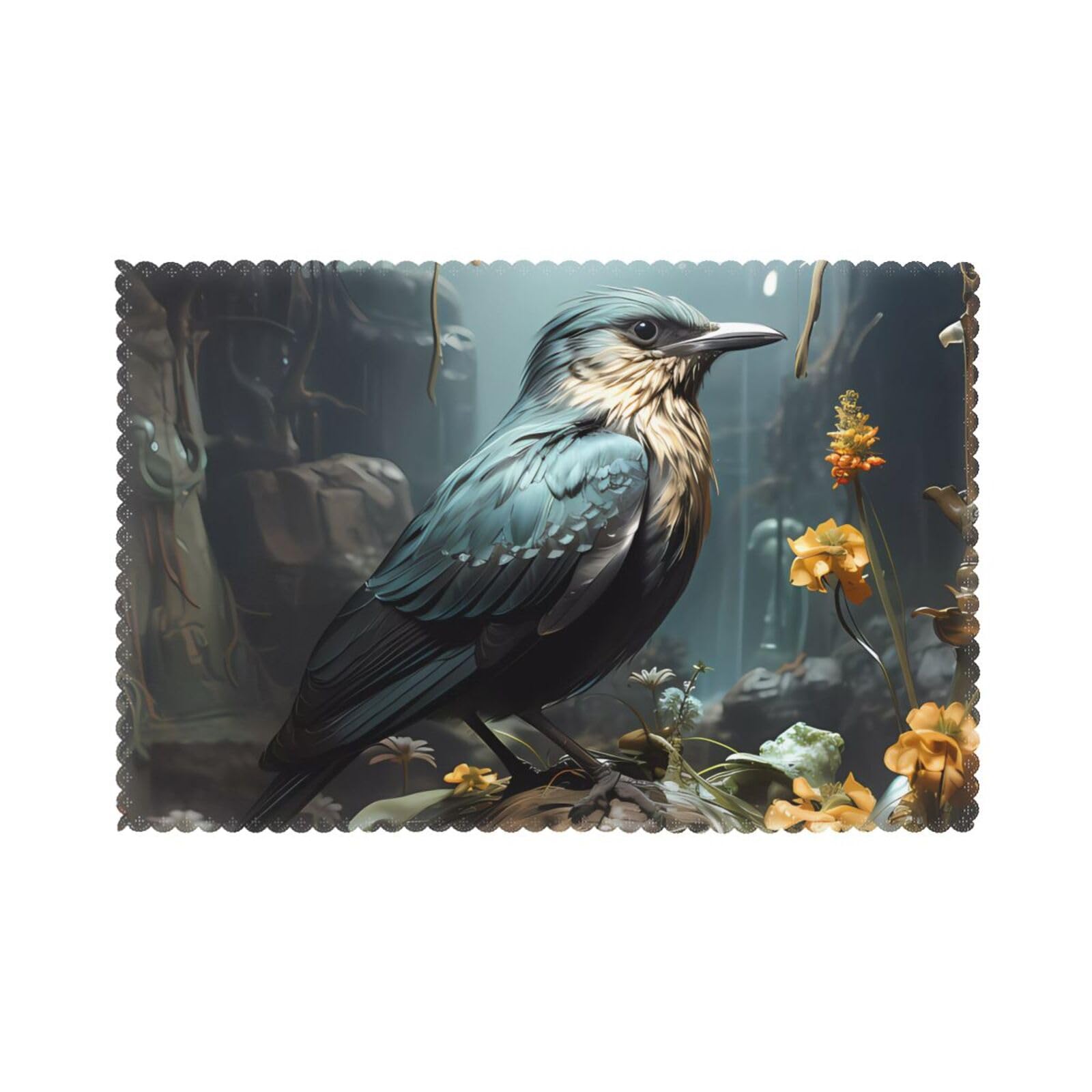 Black Bird and Flower Placemat set of 6, oil-proof and insulated dining table placemats, washable and wipeable.