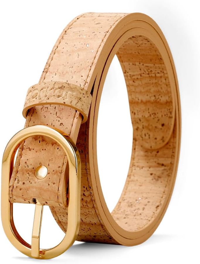 Corkor Women’s Cork Belt 1 1/8" – Brown or Black Strap with Silver or Gold Nickel-Free Buckle, Vegan, Soft