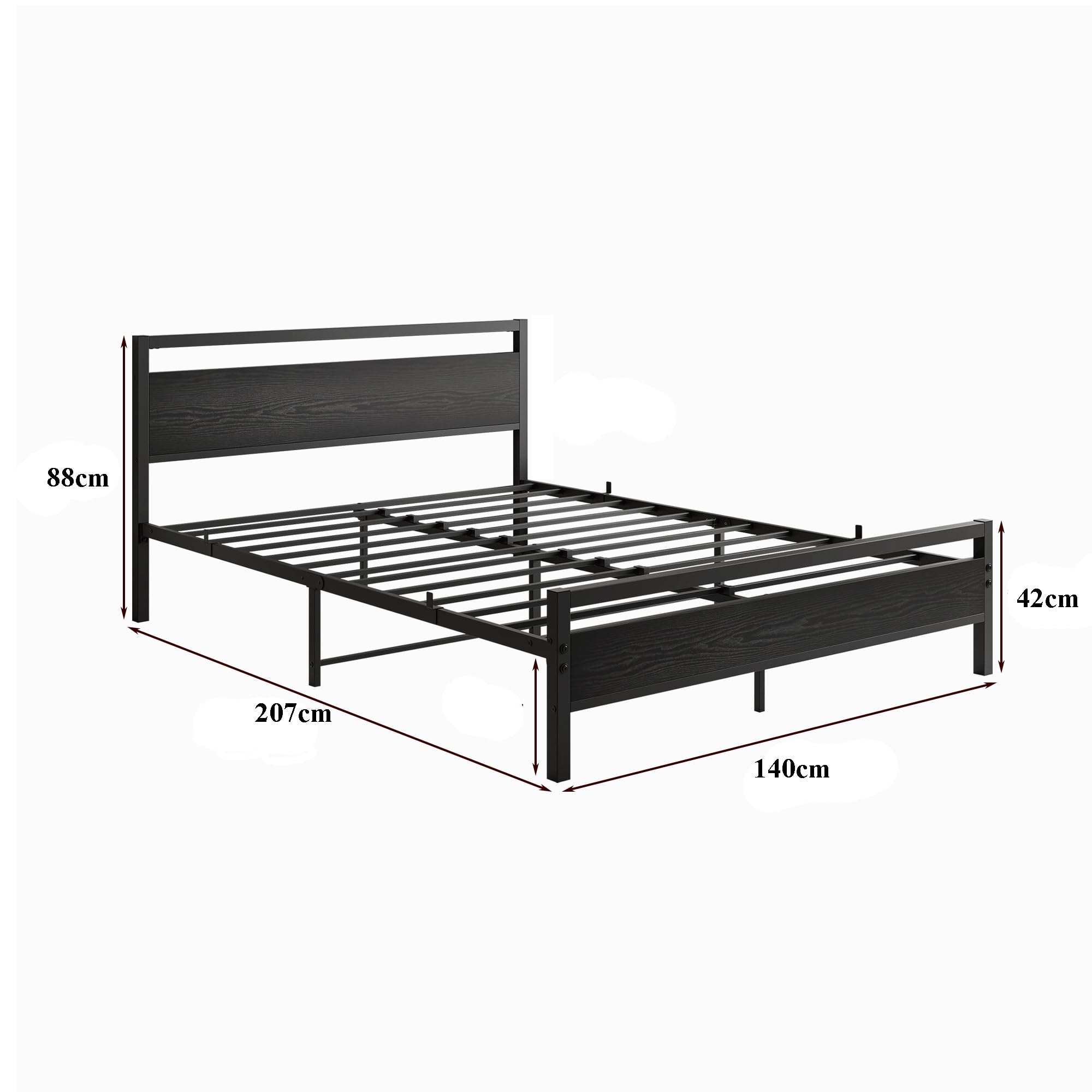 HOJINLINERO Estructura de cama de 140 x 200, marco de cama de metal de 140 x 200 cm, con somier de metal y madera, cabecero de invitados, cama juvenil, para dormitorio, habitación de invitados, color