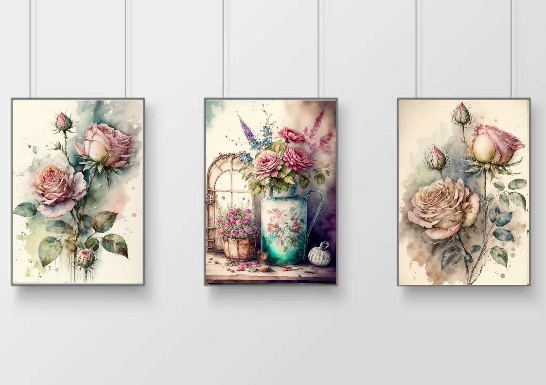 gfc pink cream roses Print Picture Poster Gift A4 UNFRAMED shabby chic vase country wall art Home decor Kitchen price for set of 3