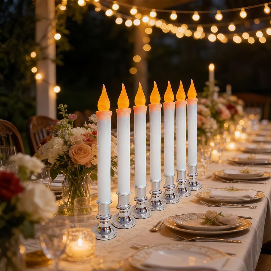 8 Pack 9" LED Candle Lights with Dusk to Dawn Sensor, Silver Base Battery Powered Flameless Candles for Indoor Table Party Decor - Image 3