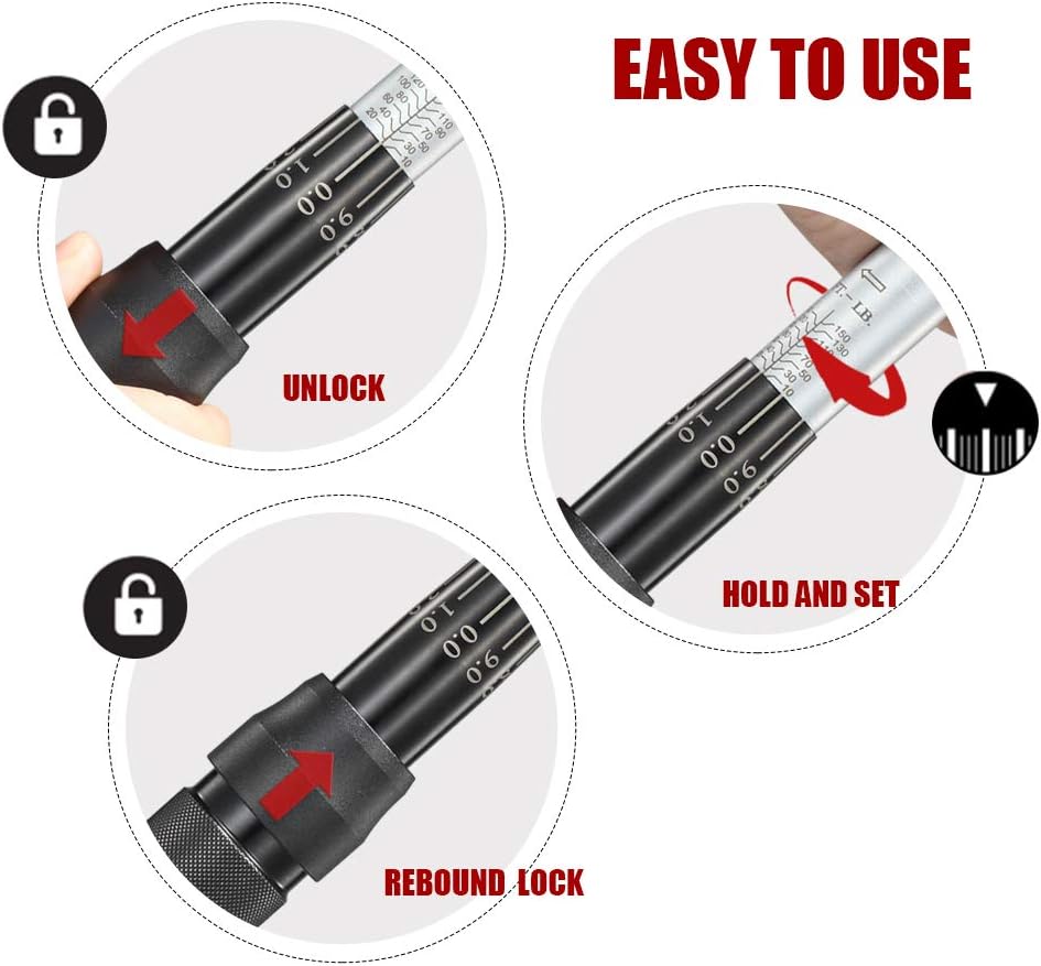 1/2-Inch Drive Click Torque Wrench (10-150 ft.-lb./13.6-203.3Nm) Dual-Direction Adjustable Torque Wrench Set