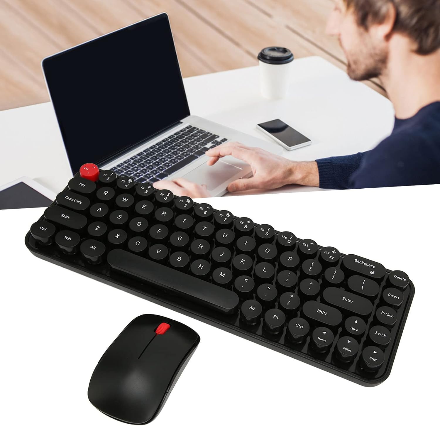 Retro Full Size Typewriter Keyboard, 2.4G Keyboard and Mouse Combo 68 Keys with Multimedia Function Keys and Number Pad, Round Keycaps for PC Computer Laptop