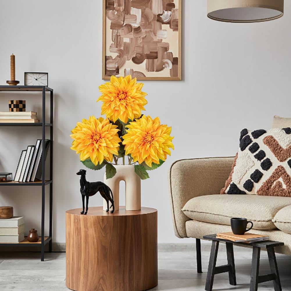 3Pcs Yellow Artificial Dahlia Flowers Fall Fake Flower Silk Flowers with Long Stem 27.5" Floral Arrangements Bouquets Autumn Faux Dahlias Flowers for DIY Wedding Party Centerpieces Home Decor - Image 4