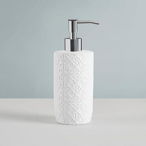 Miniatura 5 de Martha Stewart Juego de accesorios de baño de cerámica, organizador de almacenamiento de decoración de tocador, medallón de damasco en relieve,