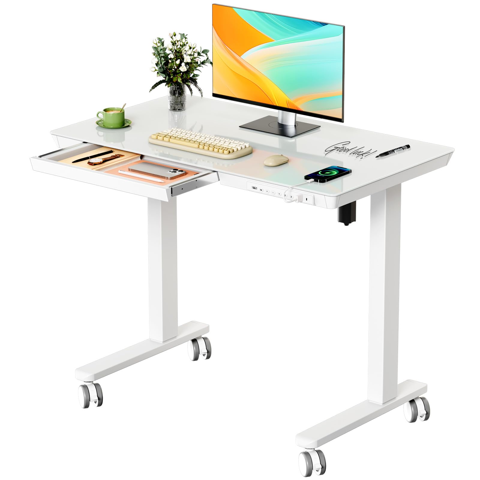 Glass Small Standing Desk with Drawer, 35" x 20" Whole Piece Electric Sit Stand Table, Height Adjustable Desk with Storage & USB Ports, Quick Install Home Office Computer Desk, White