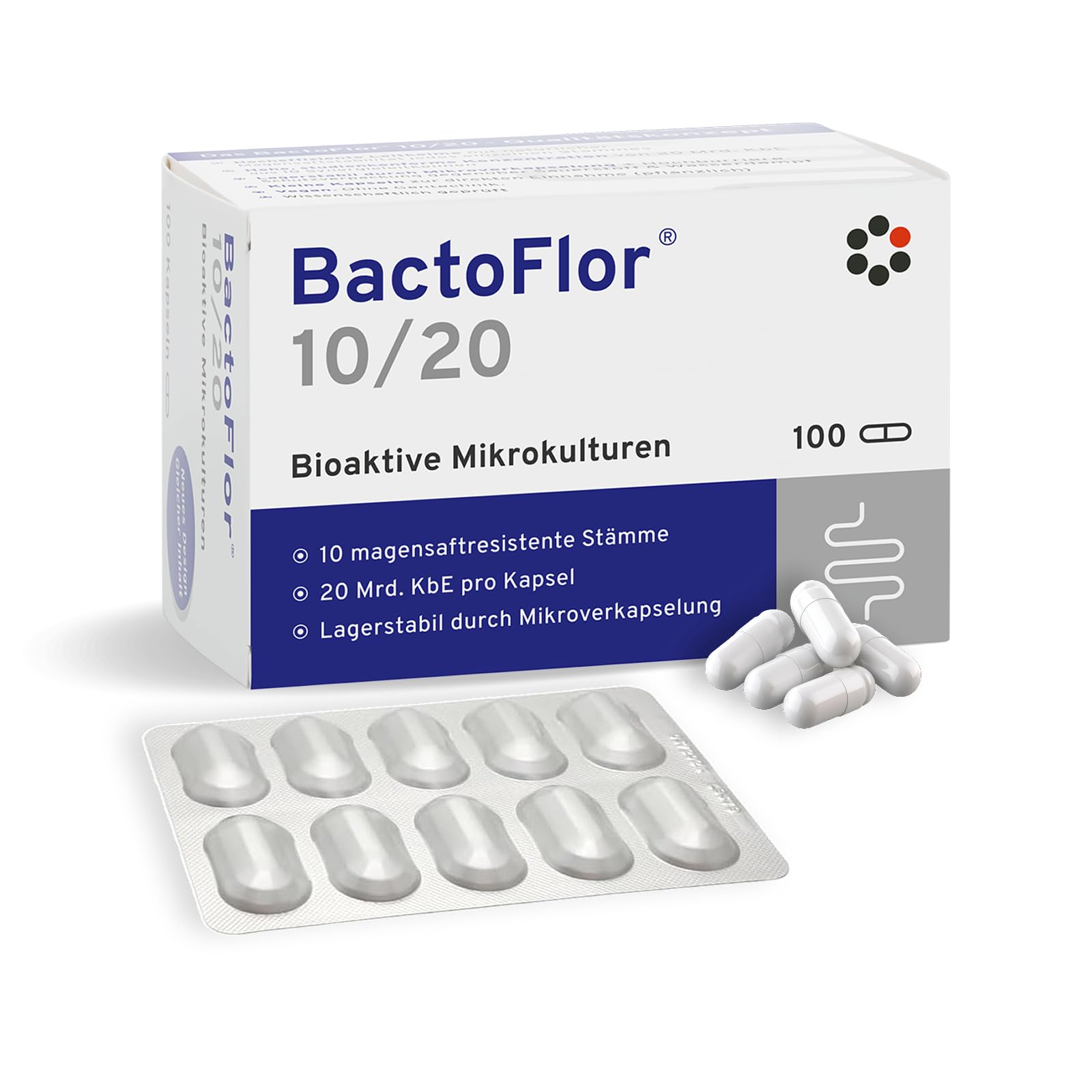 BactoFlor® 10/20 - Probiotika für Darmkur hochdosiert 100 Kapseln - Darmbakterien zur Darmsanierung & Darmflora Aufbau - 10 Bakterienstämme für den Darm - 2000 Mrd KBE/Pack. - laktosefrei, glutenfrei