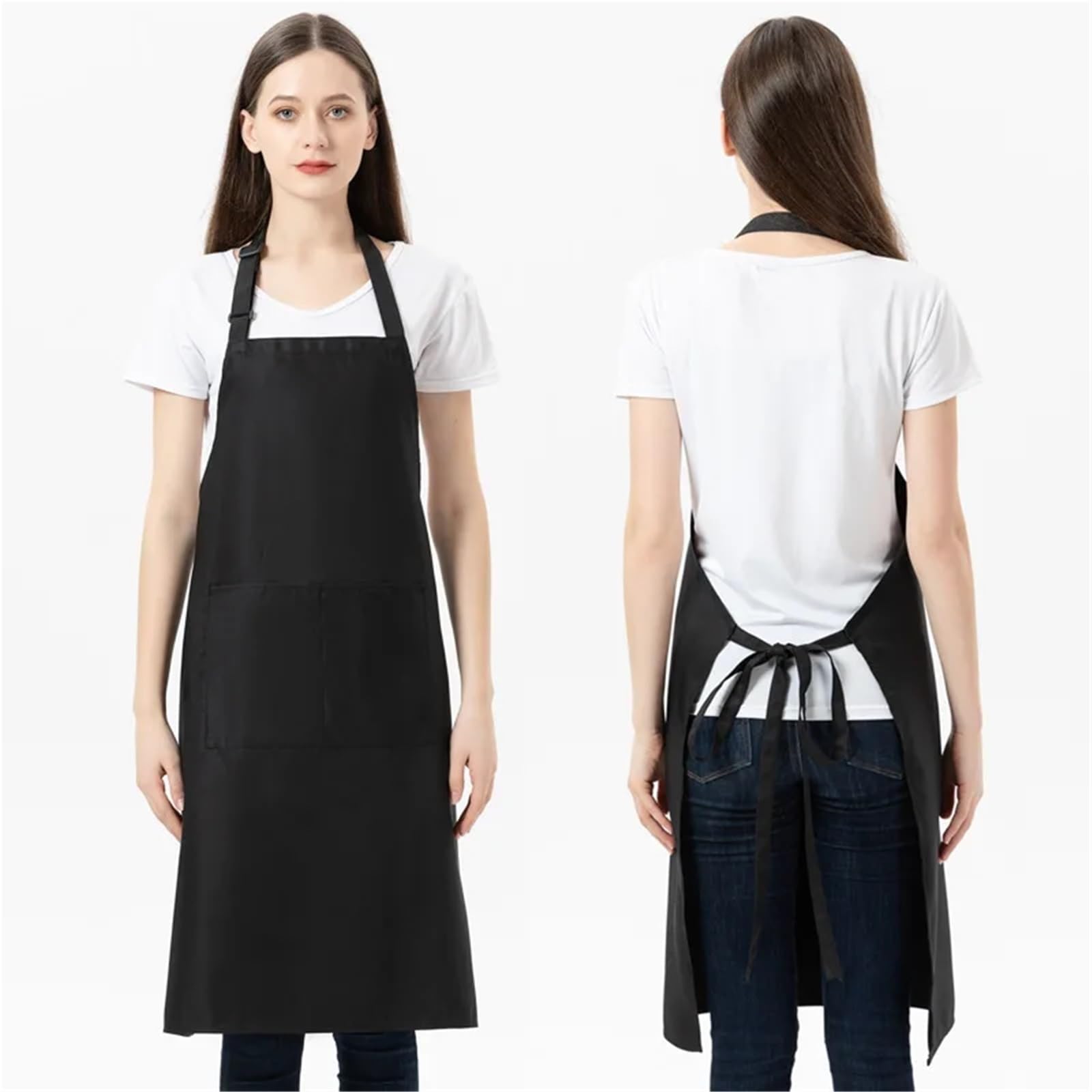 Delantal De Cocina Delantal con pechera ajustable, 2 uds., con bolsillos, delantales de cocina for mujeres y hombres, delantal de Chef con cuello Halter, delantal Simple, herramienta de cocina(Black)