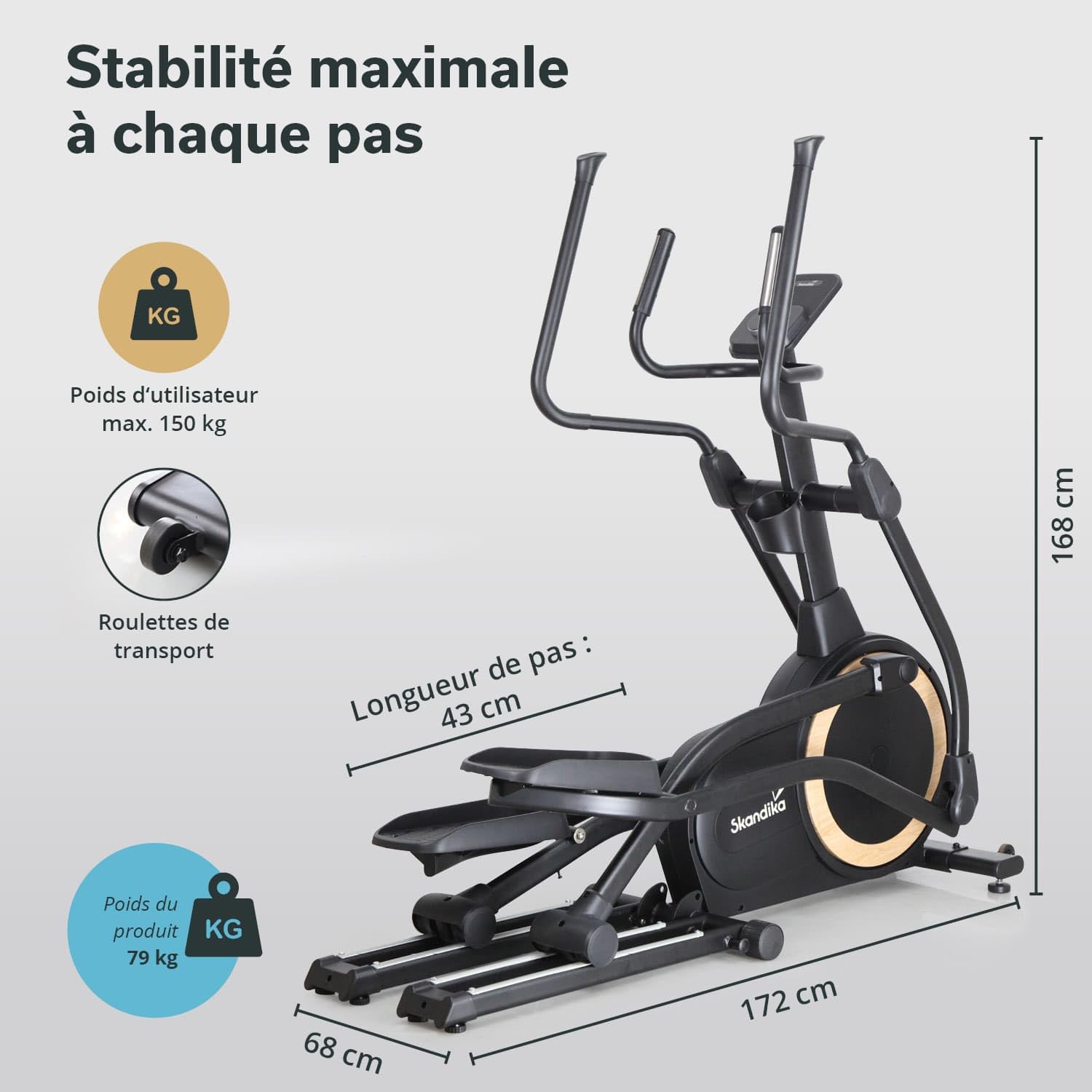 Skandika Vélo elliptique Carbon P25, Vélo elliptique Pliable, 32 Niveaux de Résistance, Auto-alimenté, Frein Magnétique, Écran LCD, Bluetooth, Kinomap, Double Rail, Masse d'inertie 25KG, Max 150KG