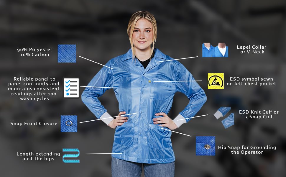 ESD Jacket, Lapel Collar, Snap Cuff, 90% Polyester, 10% Carbon, Level 3 ESD Smock, Black, L4