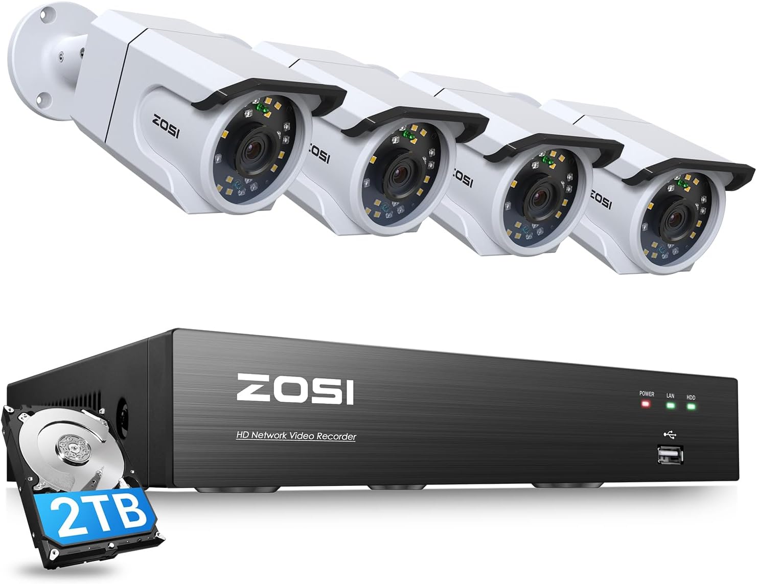 ZOSI 8CH 4K PoE Security Camera System with Audio, 4pcs 8MP Outdoor Indoor PoE Cameras, Color Night Vision, Human Detection, Spotlight Siren, 4K 8Channel CCTV NVR with 2TB HDD for Home 24/7 Recording