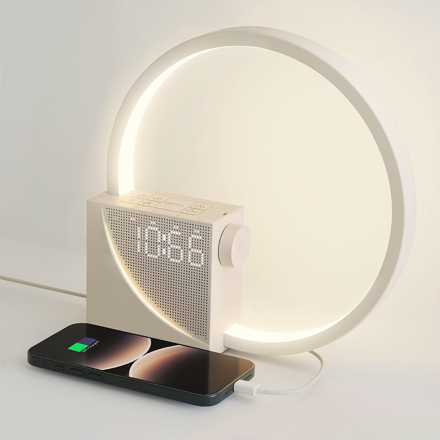 Lámpara De Cabecera De 10w, 2 Despertador, 10W Puertos de Carga USB, Luz Nocturna de 3 Niveles de Brillo,10 Sonidos Naturales,Ayudar a Dormir a Bebés Y Adultos (Beige)