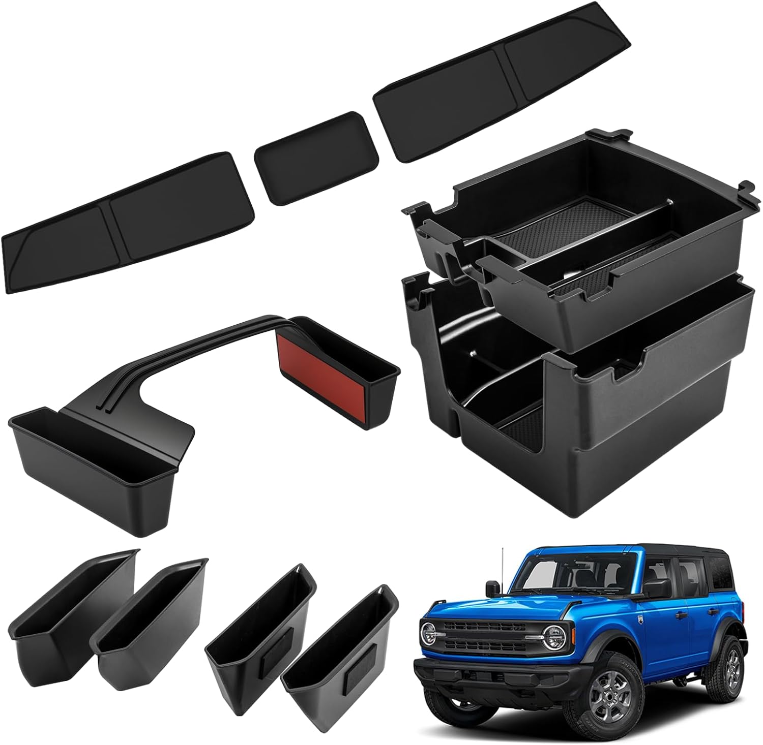 4PCS Organizer Fit for 2025-2026 Bronco 4-Door Accessory (Not for Sport & 2 Door), Center Console Storage, Console Shifter Storage, Doors Handle Side Tray, Glove Box Divider Organizer