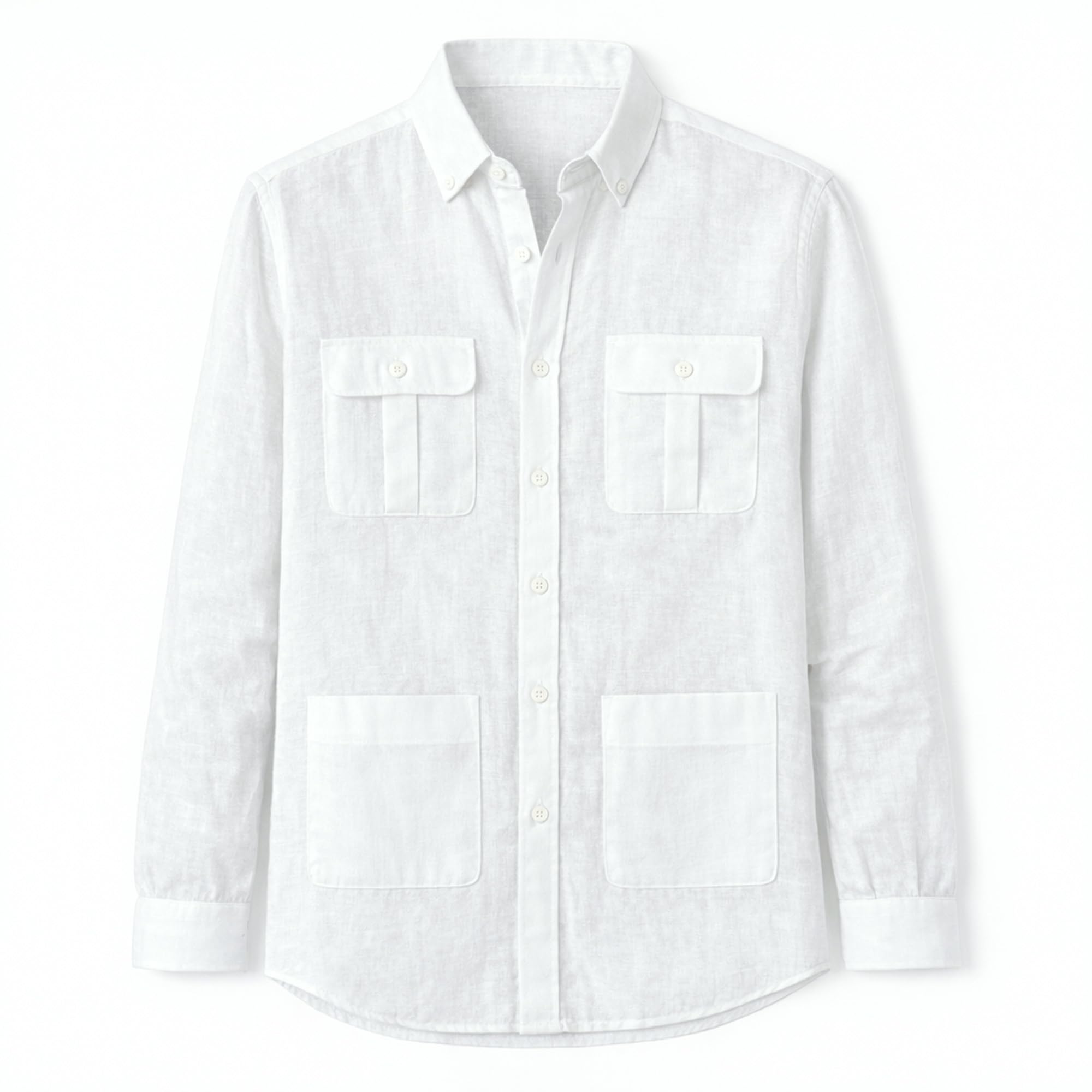 Camisa de Lino para Hombre, Manga Larga con 4 Bolsillos y Cuello Abotonado, Estilo Safari Casual para Verano y Playa, Camisa Guayabera Ligera y Transpirable