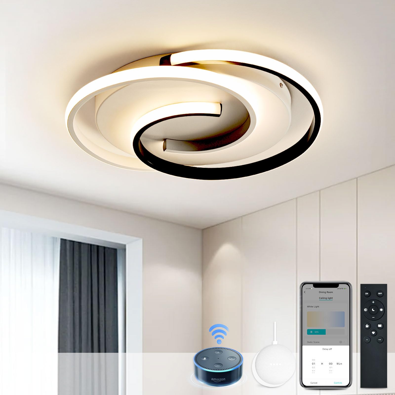 BAYHT Plafoniera intelligente, Lampada da soffitto moderna a LED dimmerabile con Alexa Google Home, Lampada da soggiorno rotonda con telecomando, Lampada da camera da letto bianca e nera