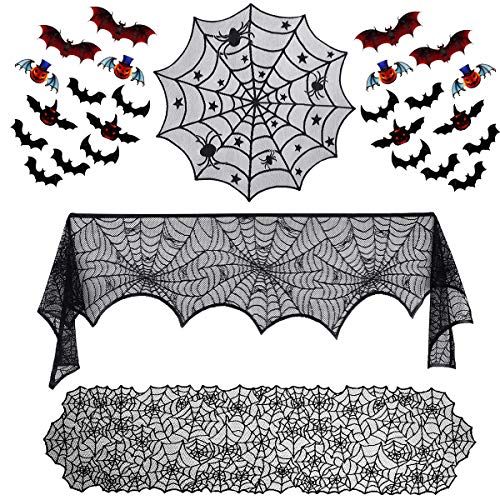 SIBOSUN 27 Pieces Halloween Decorations Set- Spider Web Lace Table Runner, Fireplace Mantel Scarf, Round Lace Table Cover and 24 Pieces 3D Bats and Pumpkin Wall Sticker Decal