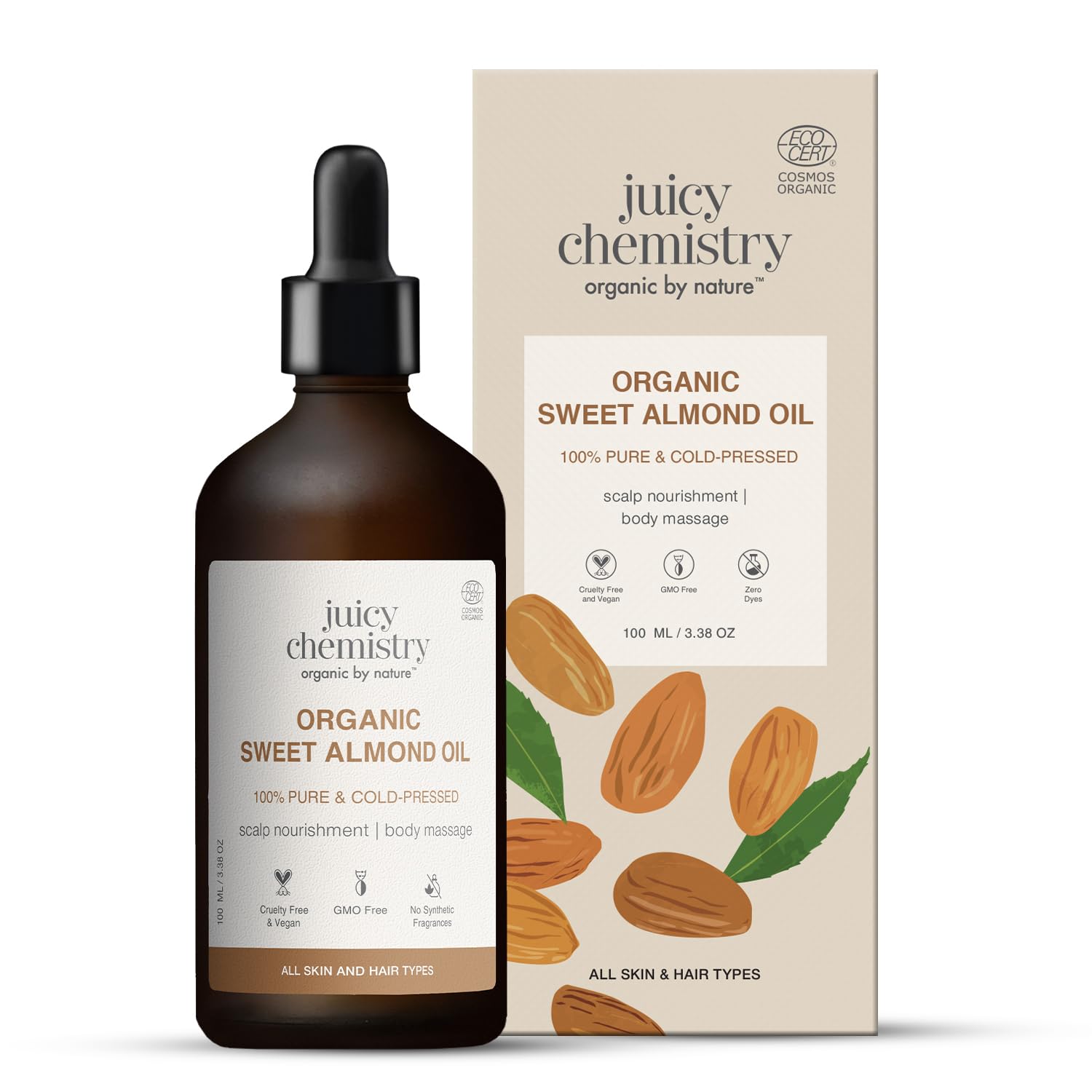 Juicy Chemistry Organic Sweet Almond Oil, 100 ml | 100% Pure, Cold-pressed, Certified Organic & Premium Theraupetic Grade Almond Oil for Skin & Hair