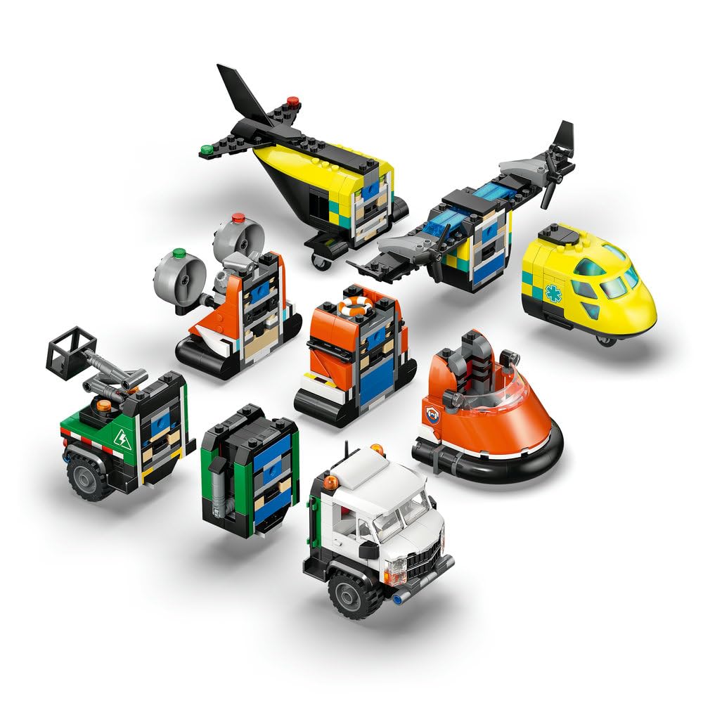 LEGO City Zestaw z samolotem, ciężarówką serwisową i poduszkowcem, interaktywne zabawki dla dzieci, modułowe pojazdy ratunkowe, prezent dla 7-latka na urodziny, dla chłopca i dziewczynki 60505