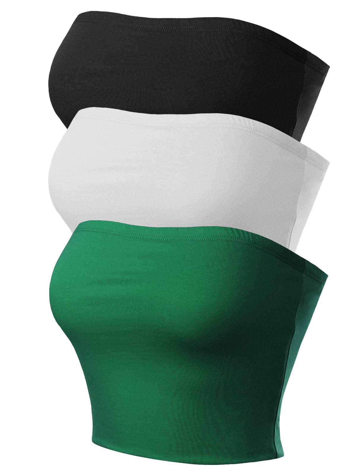 MixMatchy Women's Causal Strapless Double Layered Basic Sexy Tube Top - Pack, 3pack - Black/White/Green, S