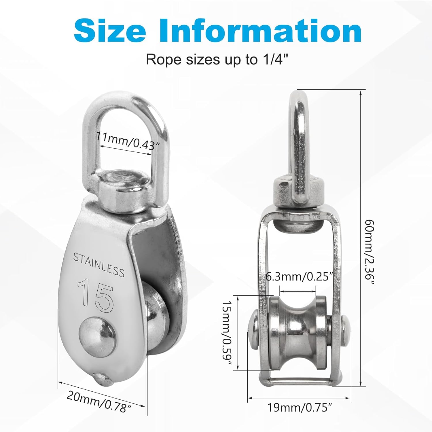24 Pack M15 Single Pulley Block, 304 Stainless Steel Wire Rope Cable Pulley, Heavy Duty Swivel Pulley Wheel Hanging Wire Towing Wheel for Lifting, Pulleys for Rope
