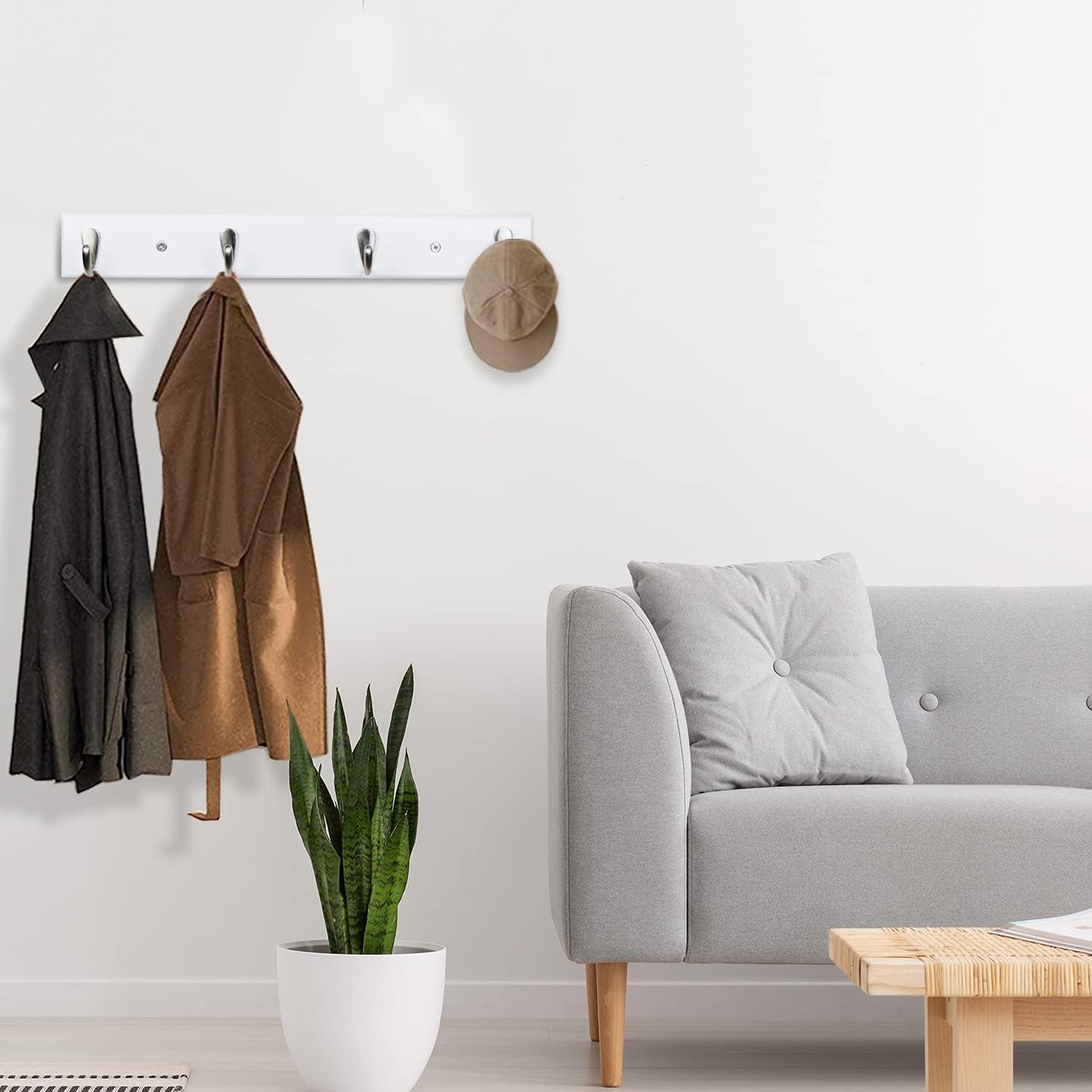 Ethuh Wall Mounted Coat Rack Rustic Wall Hook Solid Wood Hat Hanger Entryway Hanging Coat Rack4 Silver Metal for Entryway, only 1screws to Hold The Hooks Rack (White Nickel-Plated)