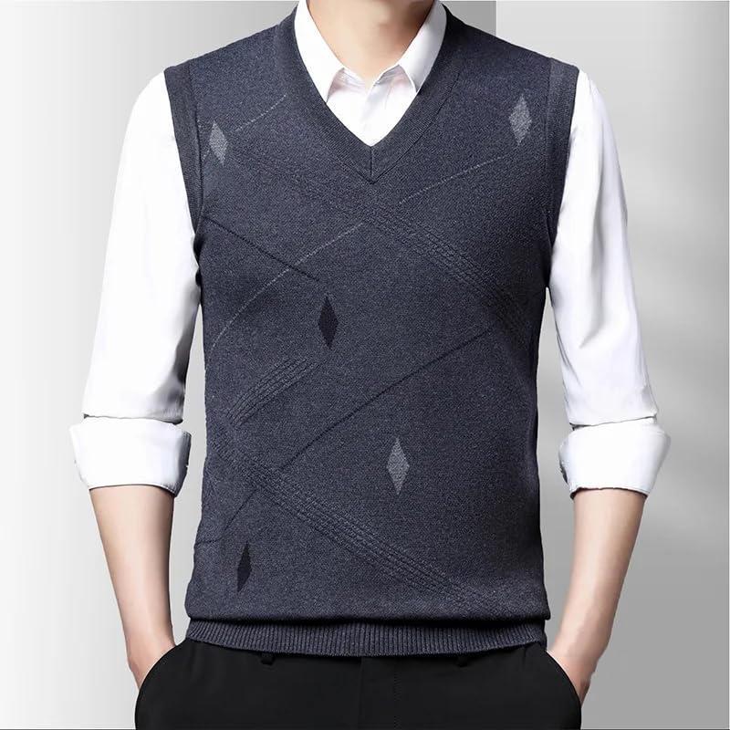 Dninmim Men's Casual Solid Sleeveless Sweater Tank V-Neck Patchwork Screw Thread Vintage Warm Vest Top2