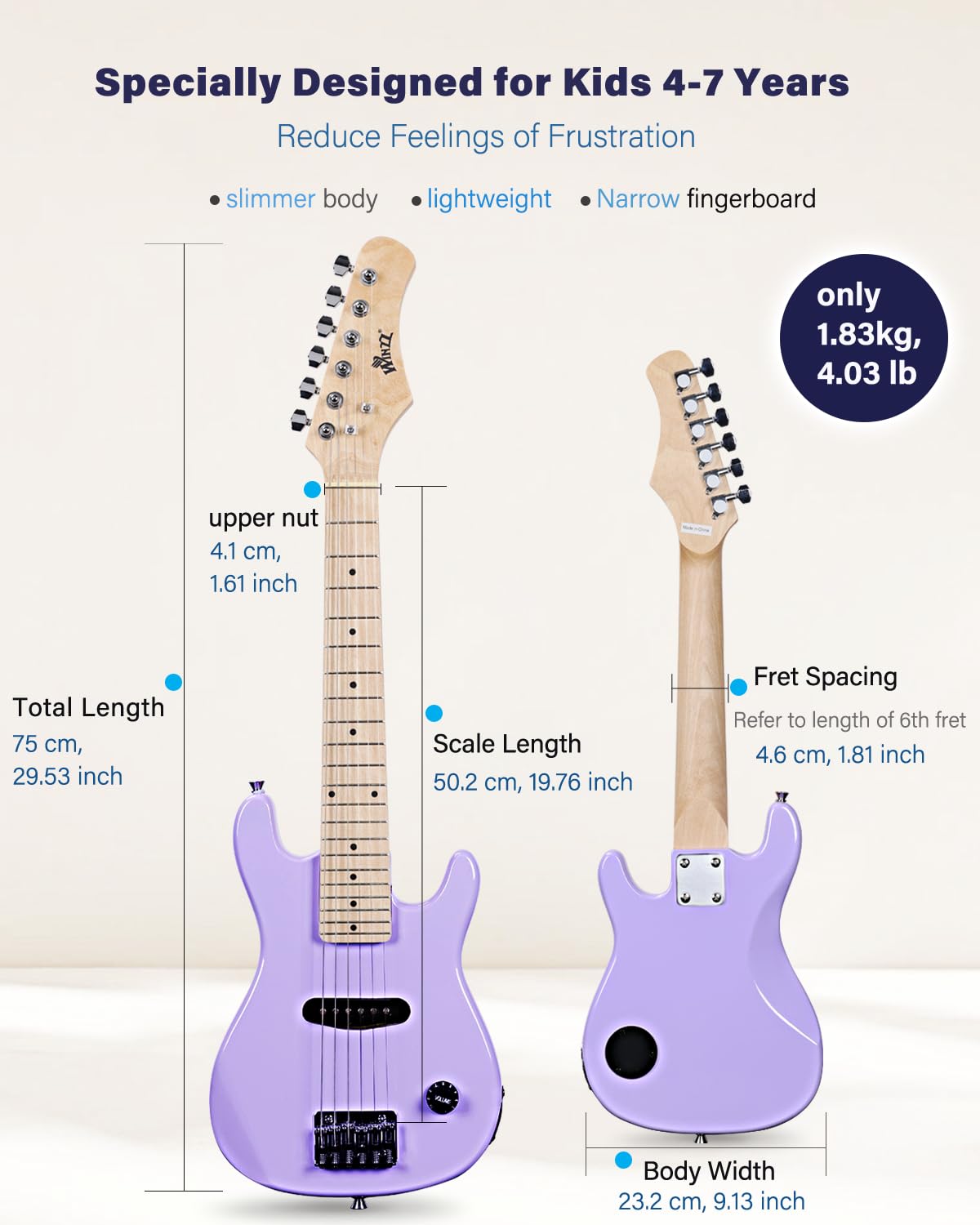 Winzz Kit per chitarra elettrica per bambini da 76,2 cm, mini chitarra elettrica per principianti con amplificatore, custodia, corde extra, plettri, cinghia, cavo e chiave, viola speciale