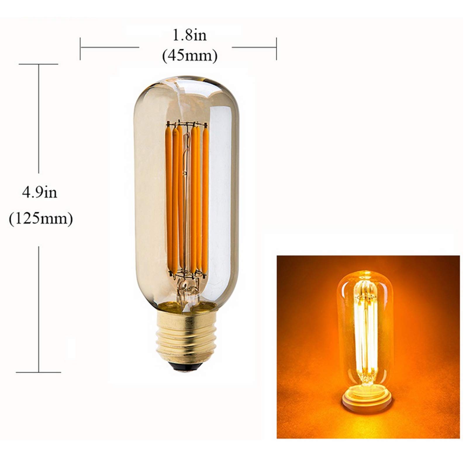 Lampadina LED T45 6 pezzi, Lampadina tubolare Edison vintage T45, Lampadina fulva, Lampadina E27 retrò Edison a filamento lungo dimmerabile giallo caldo 2200k 6 W