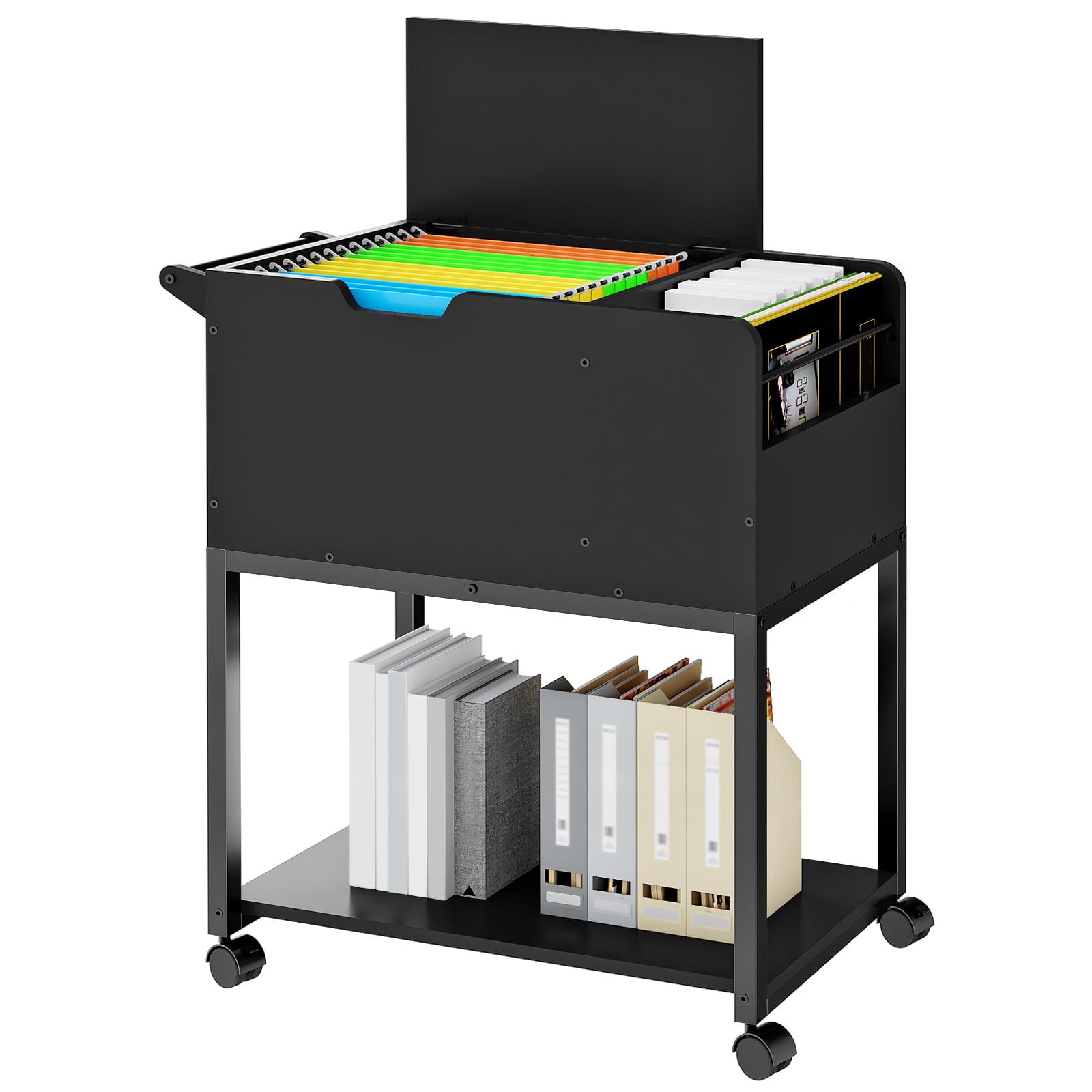 HOOBRO Rolling File Cart, Mobile File Cabinet with Wheels, File Cart with Hanging Files and Flip-Up Lid, Open Storage Shelf, for A4/Letter/Legal-Size, Home Office, Black BK72WJ01
