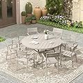 VICLLAX Patio 9 Pieces Outdoor Dining Set for 8, 53" Round Metal Outdoor Table with Umbrella Hole, 8 Stackable Chairs for Lawn, Garden, Porch, Sandshell