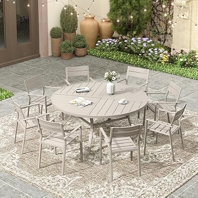 VICLLAX Patio 9 Pieces Outdoor Dining Set for 8, 53" Round Metal Outdoor Table with Umbrella Hole, 8 Stackable Chairs for Lawn, Garden, Porch, Sandshell