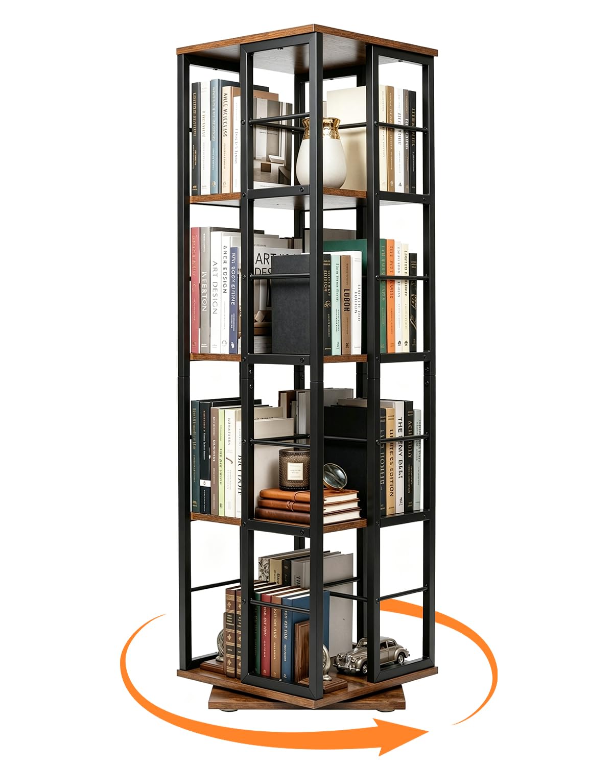 Drehbares Bücherregal 360 Grad, Drehregal Standregal mit 4 Ebenen, Rotating Bookshelf Platzsparend, Bodenstehendes Bücherschrank Holz, Drehregal Bücher für Wohnzimmer, Schlafzimmer, Büro (Schwarz)