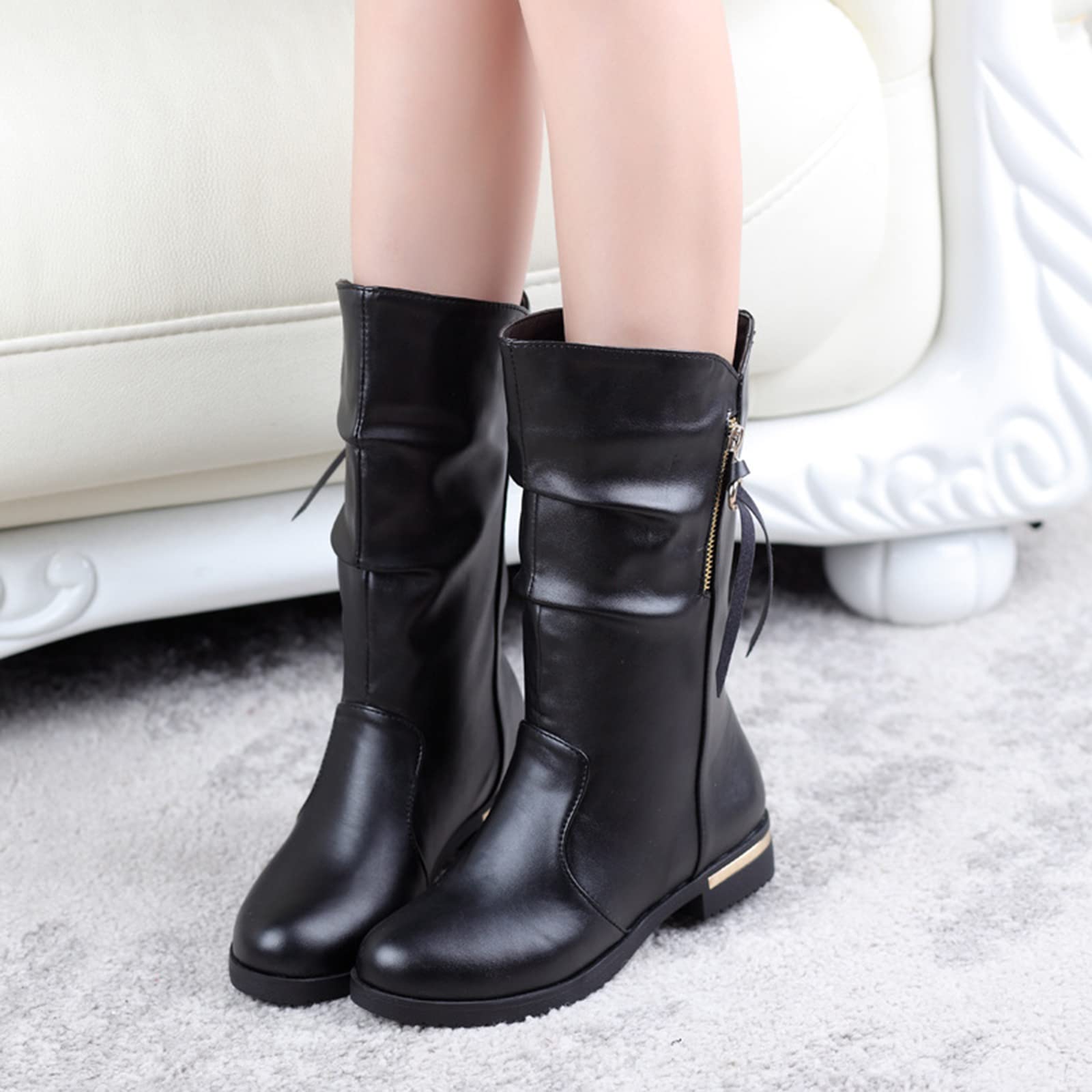 Stivaletti da Donna in Pelle con Tacco Basso da Donna Autunno E Inverno Manica A Tubo Medio Taglia Super Large