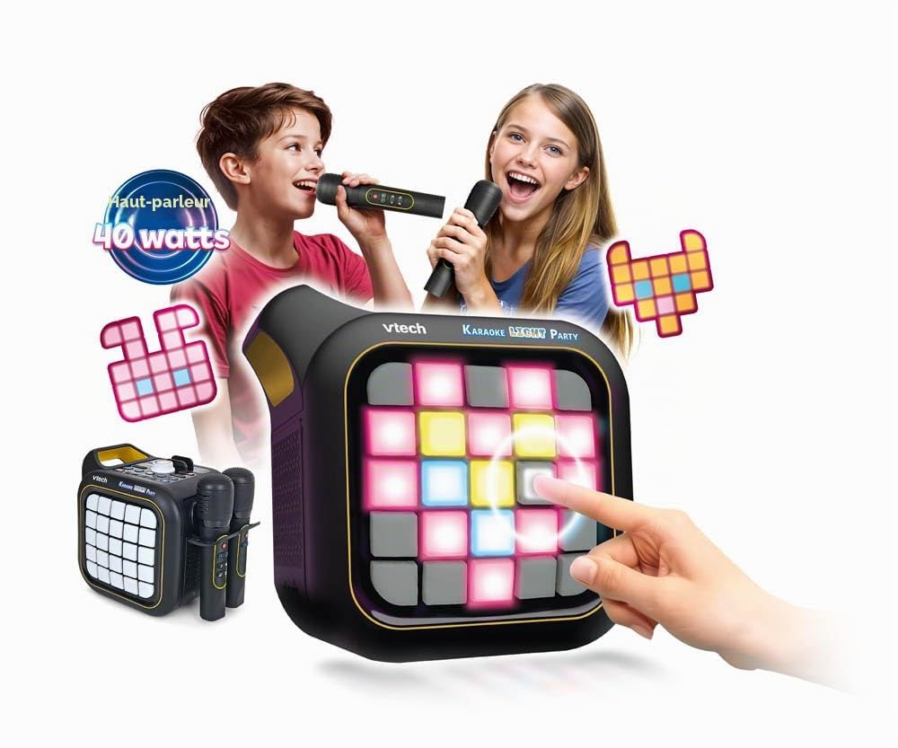 VTech Karaoke Light Party, Microphone pour Enfants pour karaoké avec Haut-Parleur, 2 Microphones sans Fil, Connexion Bluetooth et Magic Voice, Effets sonores, 25 Touches pour Pixel Art, Batteries