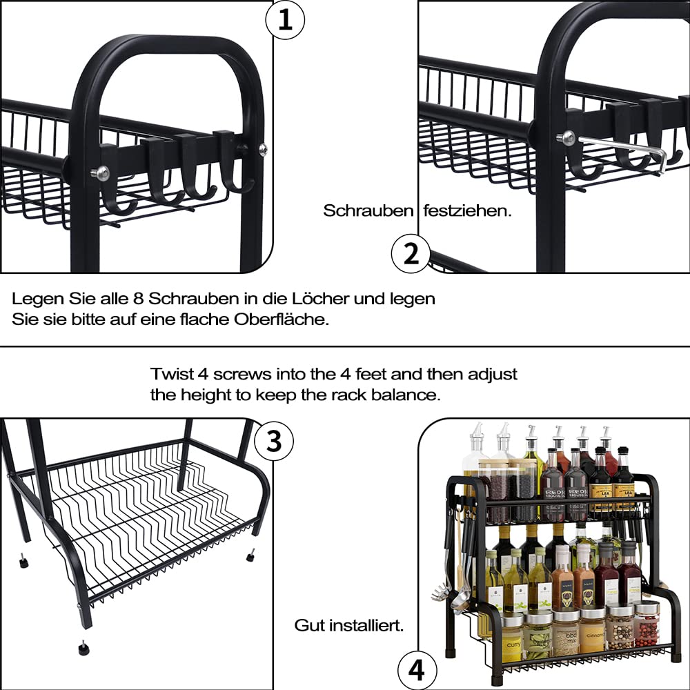 Gewürzregal,2 Etagen Küchenregal aus Metall mit 8 Haken,Küchenarbeitsplatte Organizer für Aufbewahrung Gewürzen,Ölflaschen,Kosmetik(Schwarz)