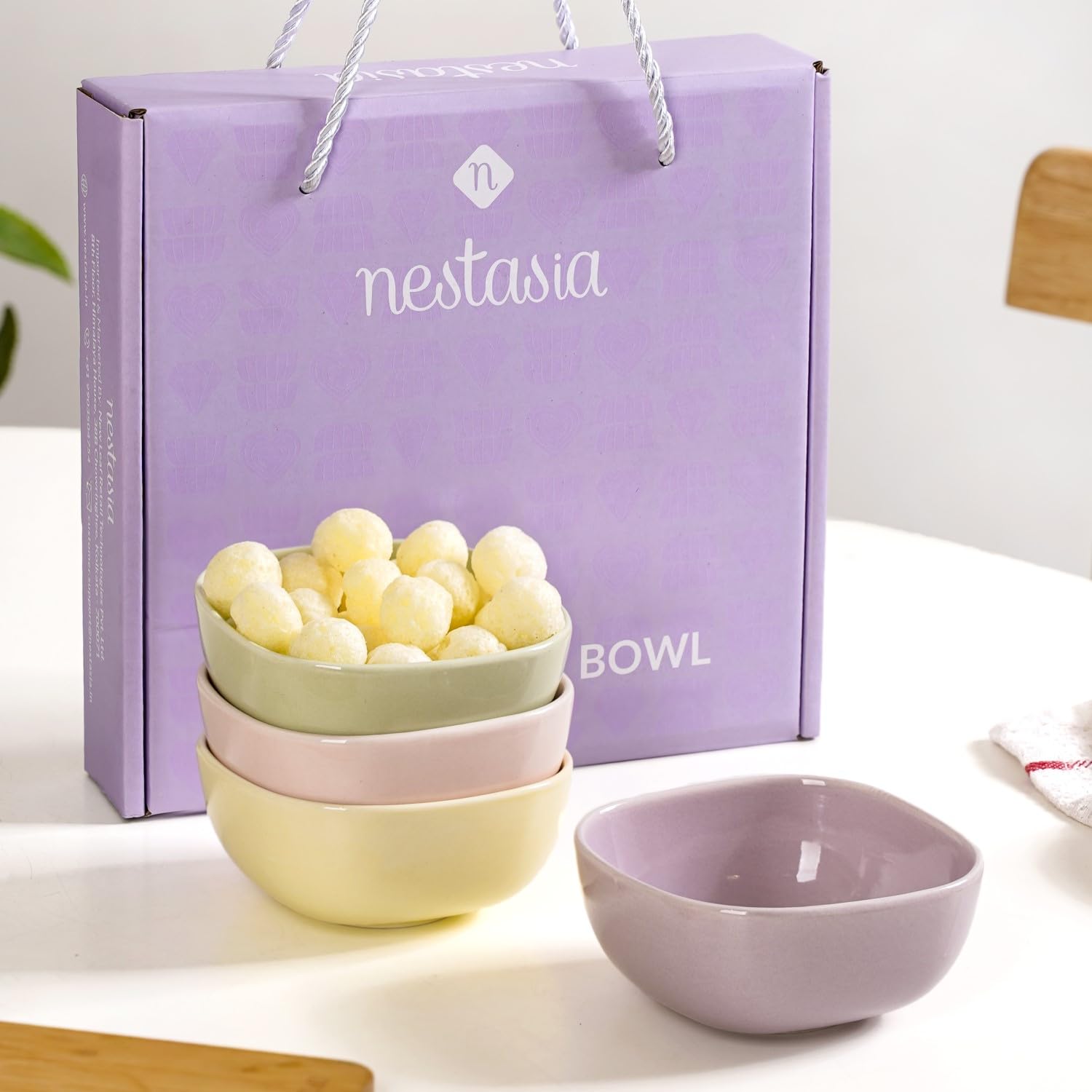 Nestasia Set of 4 Square Ceramic Bowl (200ml) - Daily Use Microwave Safe Bowl for Snacks, Chutney, Rice, Dal, Fruits, Nuts or Dips | Pastel Multicolor Gift Bowl Set with Box for Gifting