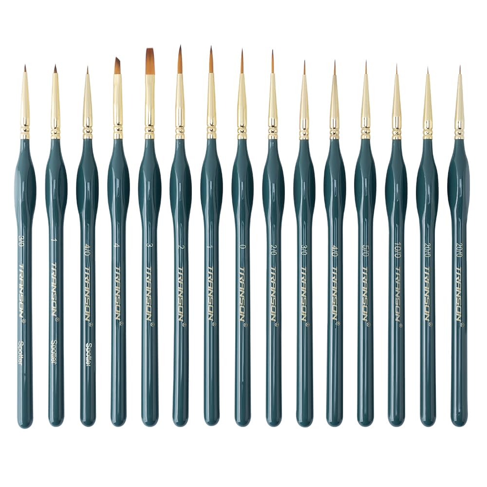 Transon 15-Piece Fine Detail Miniature Painting Brush Set for Acrylics, Watercolors, Crafts, Rocks & Face Painting